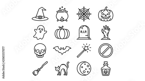 Set of simple black and white Halloween line art icons illustration