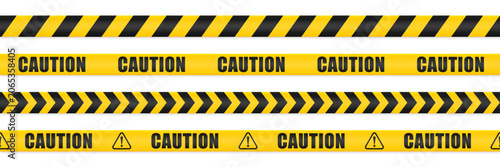 Caution line tape black and yellow vector set. Realistic caution stripe lines on white background. Isolated cautions ribbons seamless pattern tapes. Vector illustration.