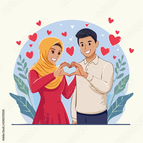 Muslim Couple Forming Heart Shape with Hands Surrounded by Hearts
