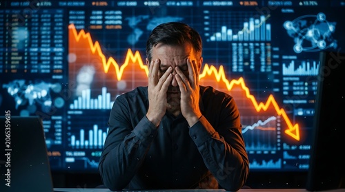 Stressed businessman in despair over financial losses, watching stock market crash and economic downturn on a screen with charts showing a sharp decline
