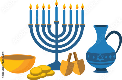 Dreidel hanukkah with candlestick, teapot and coins