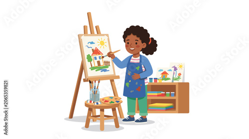 Young girl artist painting a house and sun on canvas with watercolors and brushes