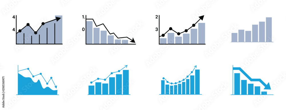 Fototapeta premium Collection of data visualization infographics showing upward and downward trends with bar charts and area graphs in professional blue and gray tones.