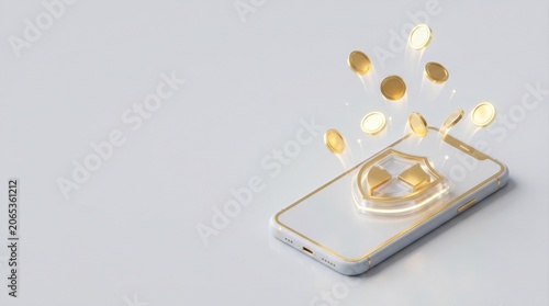 Smartphone payment secure protection money digital wallet security shield finance coins gold banking isometric icon modern app