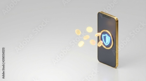 Security smartphone app coins digital wallet protection payment money finance banking shield gold icon modern blue shield