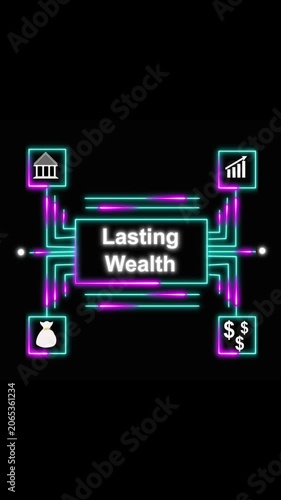 Lasting wealth concept diagram with financial icons and neon network. Lasting wealth neon network for finance and success. Lasting wealth neon network with financial icons.