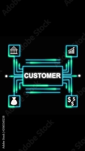 Customer-focused financial network diagram with icons and neon lights. Customer-focused neon network for finance and growth. Customer-focused neon network with financial icons.
