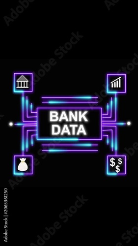Bank data network diagram with financial icons and purple neon lights. Bank data neon network for finance and investment. Bank data neon network with financial icons.