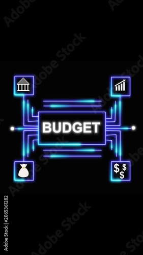 Digital network diagram illustrating budgeting with financial icons and glowing neon. Budgeting digital network for finance and planning. Budgeting digital network with financial icons.