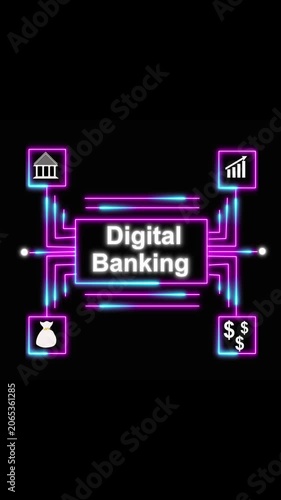 Digital network diagram explaining digital banking with financial icons and neon. Digital banking network for modern finance. Digital banking network with financial icons.