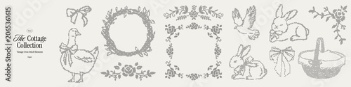 Whimsical cottagecore cross stitch Easter collection, floral frames. Sweet duckling, rabbits, dove, basket and ribbon motifs for invitation cards and rustic doily napkins. Vintage pixel elements.