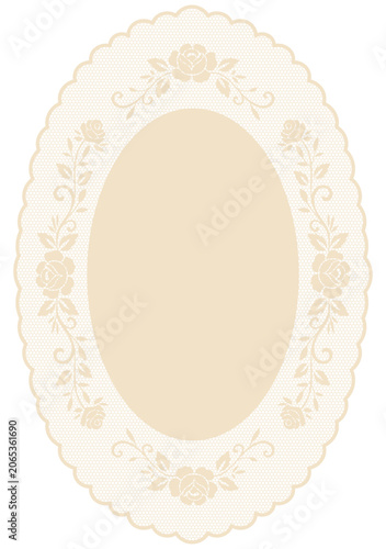Vintage lace frame with ornate rose floral details. Whimsy oval lace doily clipart in crochet style for garden party invitations. Classic embroidery handkerchief with scalloped borders.