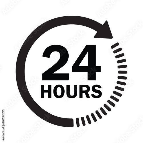 Circular arrow with 24 hours text indicating constant availability and service isolated on white background