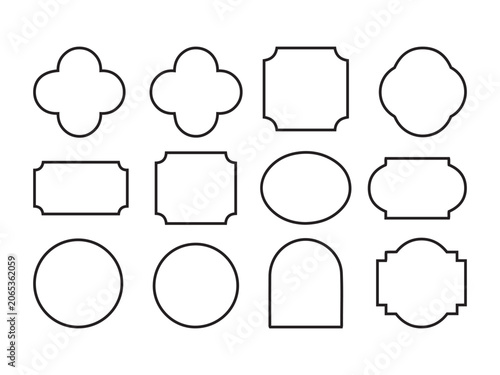 Black outline frames and geometric shapes on white background