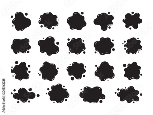 Organic ink splatters with fluid drops during abstract design creation isolated on white background