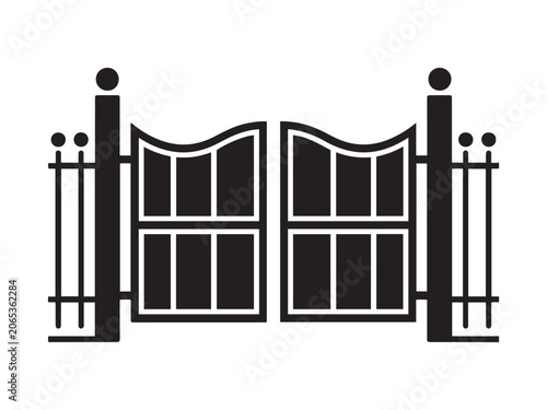 Black ornate double gate with decorative posts and fence ornate gate railing vector on white background 