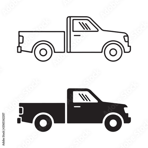 Pickup truck outline and solid fill silhouette vector isolated on white background