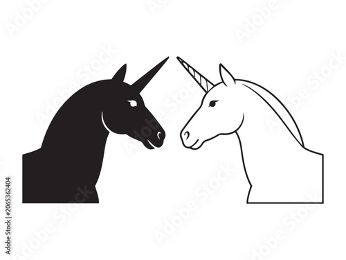 Black and white unicorn heads facing each other silhouette