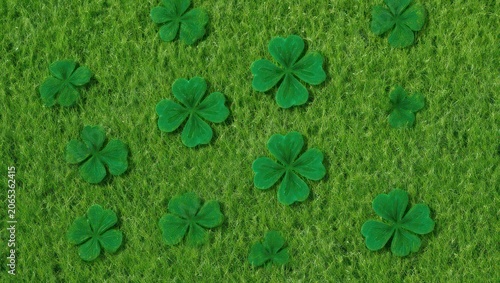 Overhead view of scattered four-leaf clovers on a textured green surface