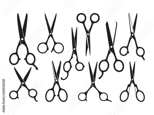 Various open and closed scissors in silhouette against a white background