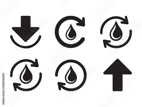 Black water drop with download, upload, and recycle symbols
