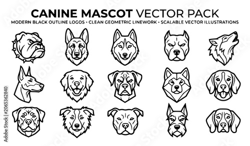 Schilderij op canvas Canine Mascot Vector Pack with Dog Head Logos, Animal Emblems and Black Outline