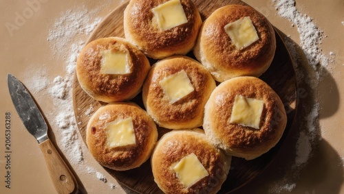 Overhead view of seven golden baked buns with butter squares on a wooden board, with flour and knife