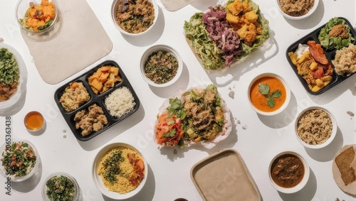 Overhead shot showcasing diverse plant-based meals in various containers, ready to eat
