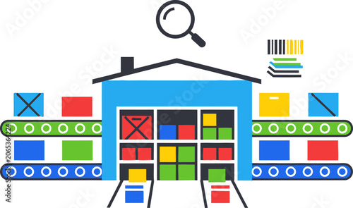 Warehouse Logistics and Inventory Management Illustration with Conveyor Belts.
