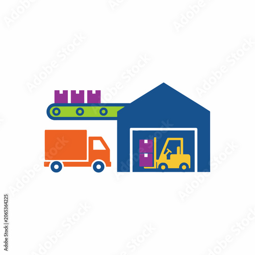Warehouse Logistics and Distribution with Conveyor Belt and Truck.