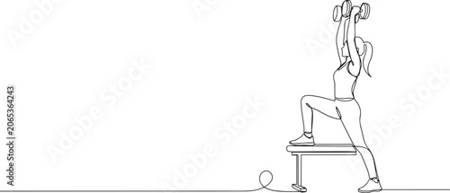 Obraz na plátne Single continuous line drawing woman posing on fitness equipment