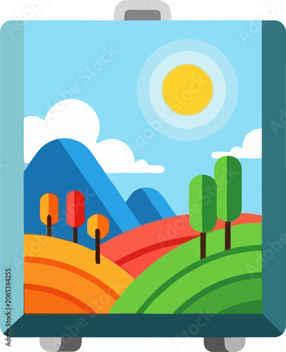 Vibrant Landscape Suitcase - A Journey Through Colorful Hills and Sunny Skies.