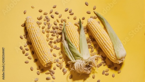 Overhead view of three ears of corn, husks attached, and scattered kernels on yellow background