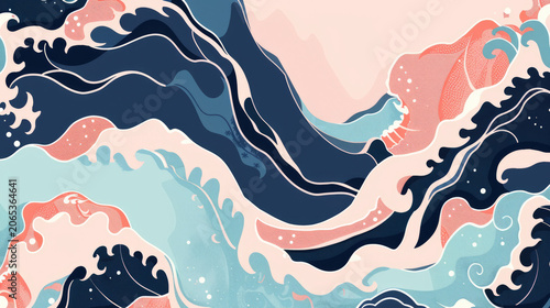 Contemporary Japanese-inspired ocean waves background with coral pink and navy blue color palette in modern artistic style