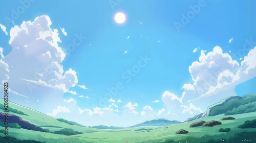 Idyllic summer meadow with blooming daisies under bright blue sky and white clouds landscape background in anime style