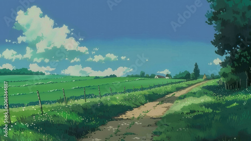 Country dirt road through green meadows under blue sky with white clouds on summer day background in anime style