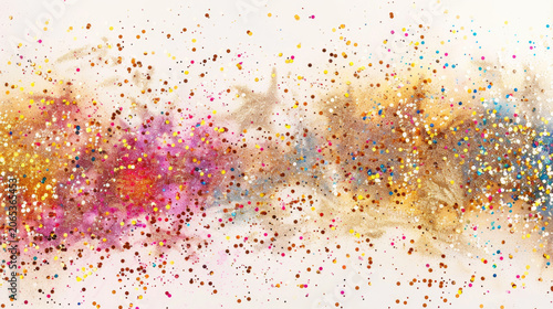 Colorful powder explosion with golden glitter particles scattered on white background