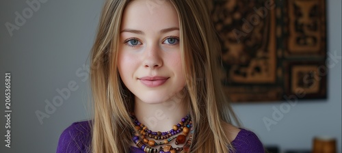 Blonde Woman Portrait with Blue Eyes and Colorful Beaded Necklace