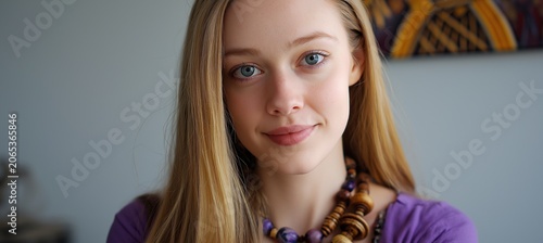 Blonde Woman Portrait with Blue Eyes and Colorful Beaded Necklace
