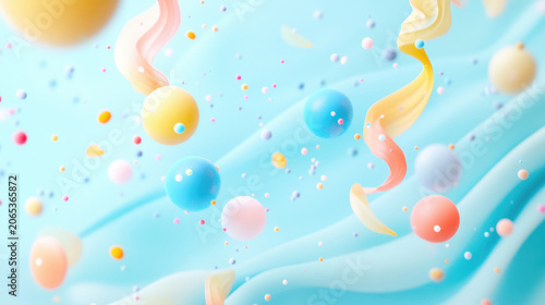 Colorful floating spheres and bubbles on soft blue abstract background with flowing organic shapes
