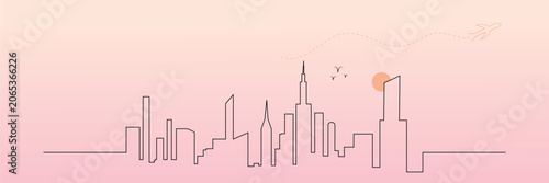 Modern minimalist city skyline line art illustration with airplane flight path, birds, and soft pastel sunset background, creating a stylish urban travel concept. Perfect for tourism promotions.