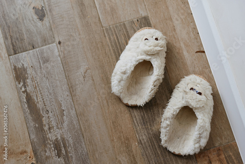 Schilderij op canvas Cozy indoor scene shows fluffy slippers resting on a warm wooden floor, creating a quiet inviting moment of home comfort and relaxation