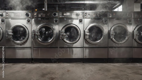 Row of industrial washing machines with open doors, steam rising, and concrete floor