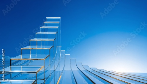 Transparent glass staircase leading upwards against a bright blue sky