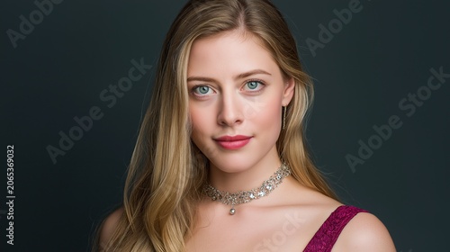 Studio Portrait of Blonde Woman with Blue Eyes and Sparkling Choker