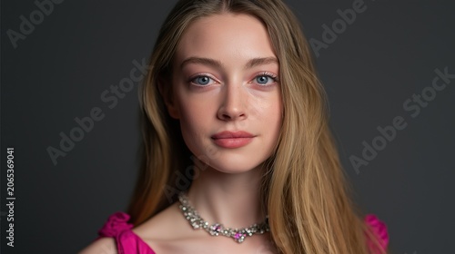 Studio Portrait of Blonde Woman with Blue Eyes and Sparkling Choker
