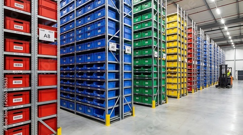 Large warehouse interior with rows of colorful storage bins on tall shelving units a forklift operating in aisle of organized inventory.