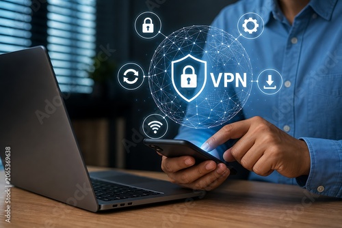 Person using vpn connection on laptop with digital security icons illustration