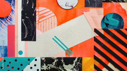 Vibrant abstract composition with colorful geometric shapes, dots, lines and stripes with textured paint brushstrokes background