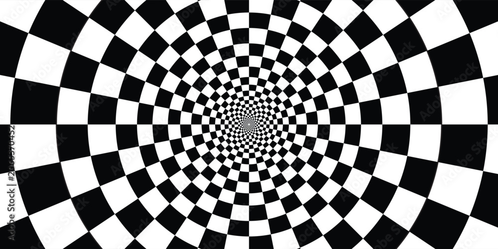 Naklejka premium Abstract geometric background with 3d checkered tunnel structure. Minimalist black and white optical illusion chessboard pattern banner vector.